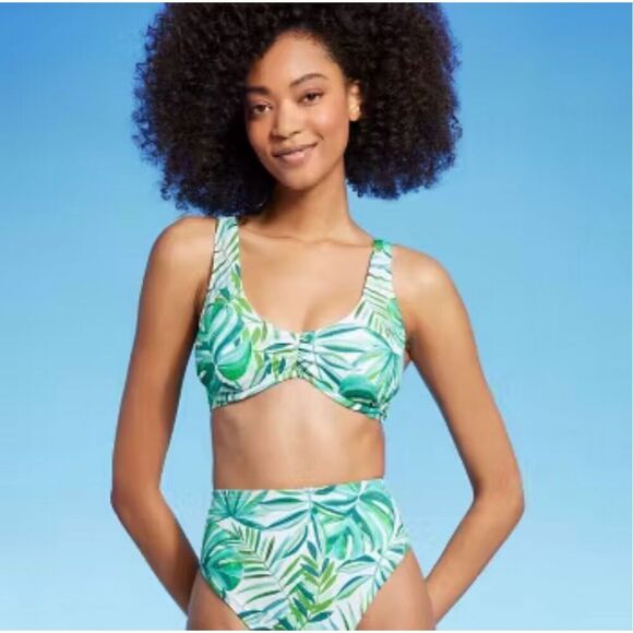 Shade and Shore Green and White High Rise Bikini Set Size Small 36B - Picture 1 of 4